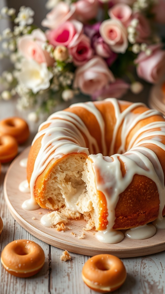 A glazed donut hole cake on a wooden table with donut holes and a slice cut out.